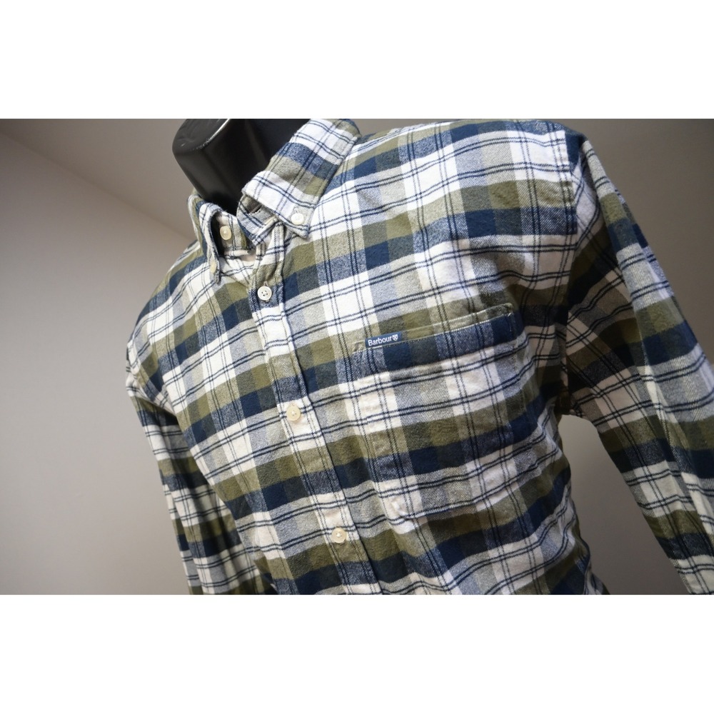 Barbour Button Down Shirt Men Medium Green Blue Plaid Tailored Fit Excellent